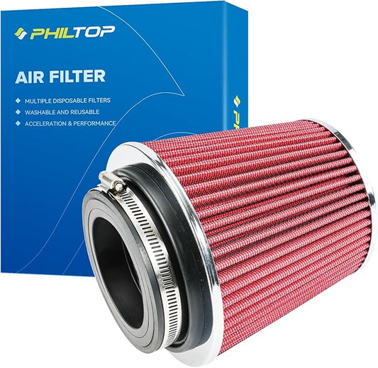 PHILTOP Universal Clamp-On Air Intake Filter, Replacement Air Filter High Flow Air Filter 4-Inch Round Tapered Air Intake Filter - Washable, High Performance, 3" or 3.5" or 4" adjustable fitting