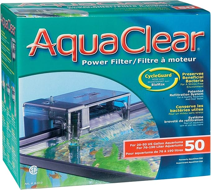 Fluval 50 Power Filter – Aquarium Filter for 20 to 50 Gallon Fish Tanks – Quiet Energy Efficient Pump – Mechanical, Chemical & Biological Filtration – Easy Install & Maintenance (Packaging May Vary)