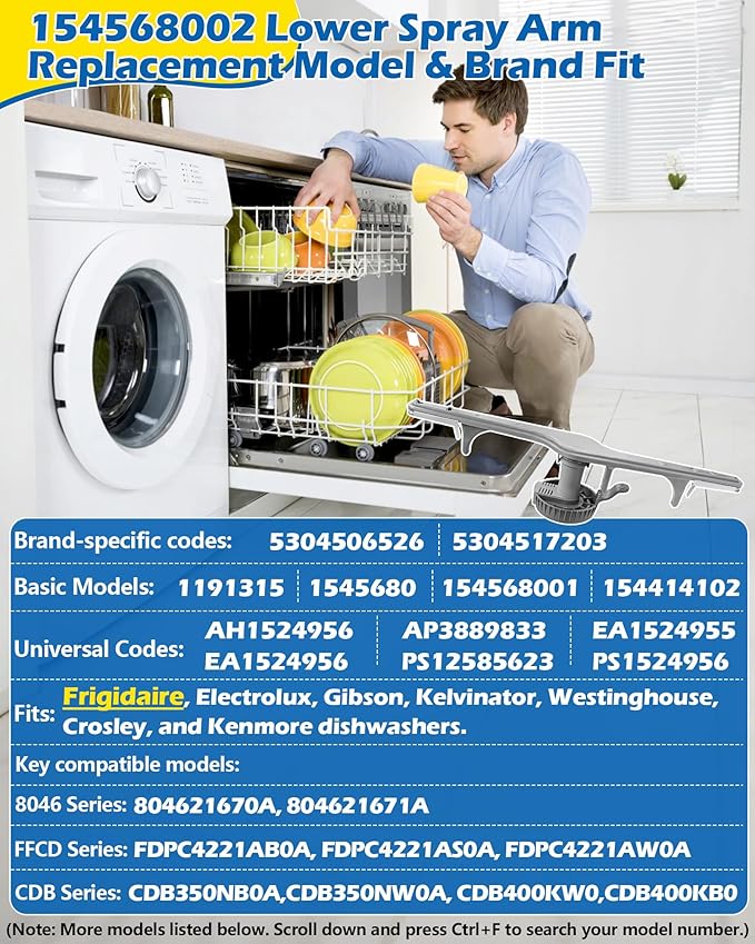 154568002 Dishwasher Lower Spray Arm -Complete with 5304518968 Support & 5304506518 Filter-Compatible with Frigidaire Electrolux Dishwasher Bottom Lower Spray Arm 154250901 154414101 5304517203
