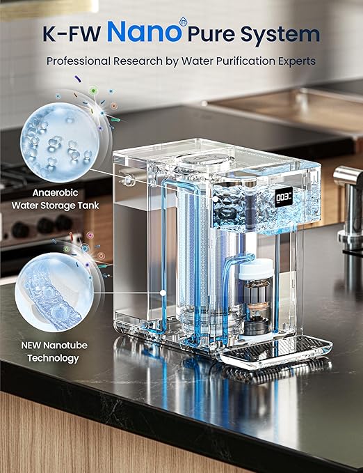 CF01 Reverse Osmosis Countertop Water Filter, 8 Stage Nano RO Water Filtration System, Home Water Purifier, 4:1 Pure to Drain Ratio, No Installation Required, White