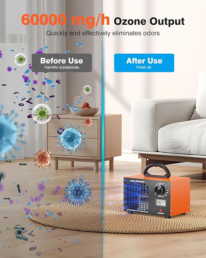 Ozone Generator - 60000 mg/h Ozone Generator for Large Spaces up to 5000 Sq.Ft, Air Purifier with Temp & Humidity Display, 120-Min Timer, Ozone Machine for Cars, Homes, Hotels, Kitchens & Pet Areas