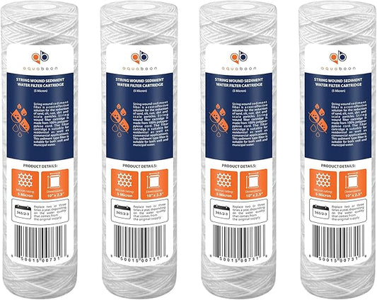 Aquaboon Whole House 5 Micron 10 x 2.5 String Wound Sediment Water Filter Cartridge Replacement Compatible with Well Water Filter WHKF-WHSW, 4-Pack
