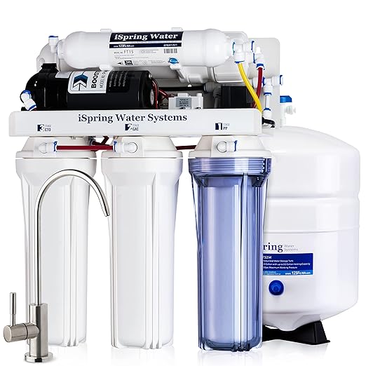 iSpring RCC7P, 75 GPD Reverse Osmosis System with Pump, 5-Stage Boosted Performance Under Sink RO Water Filtration System with Patented Top-Mounted Faucet Design for Easy Installation