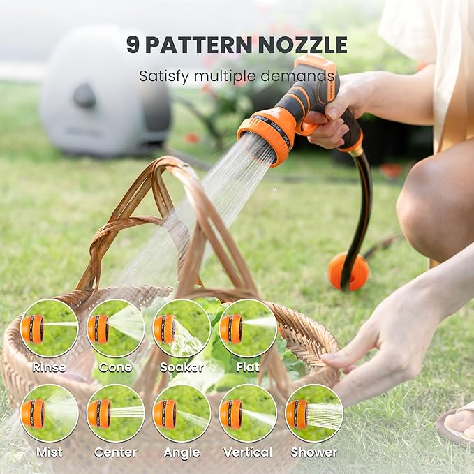 Giraffe Tools Ground Mounted Retractable Hose Reel 5/8 Inch x 92FT, Heavy Duty Automatic Rewind Garden Hose Reel, with Flexible Swivel Base for Lawn, Concrete Floor