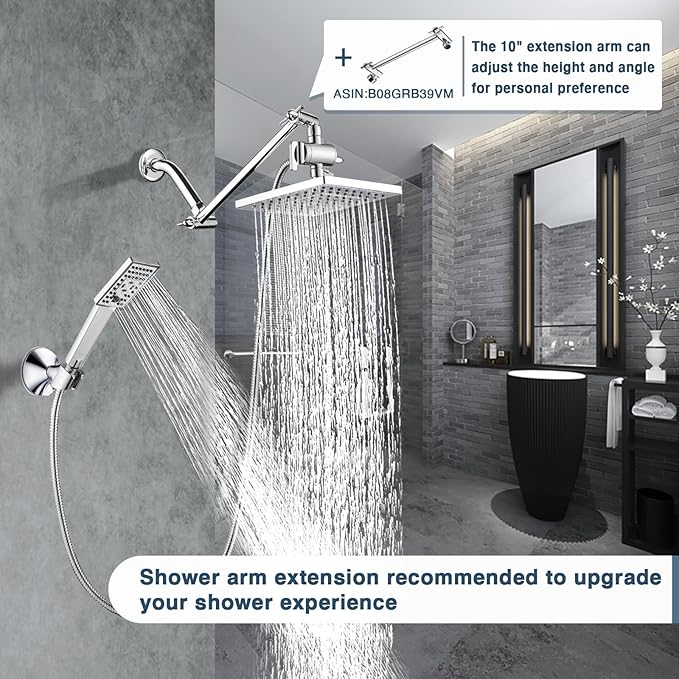 BRIGHT SHOWERS Rain Shower Head with Handheld Spray, 8 Inch High Pressure Rainfall Shower Head Combo with 60” Hose, Adjustable Dual Square Showerhead with 3-Way Diverter, Wall Bracket, Chrome