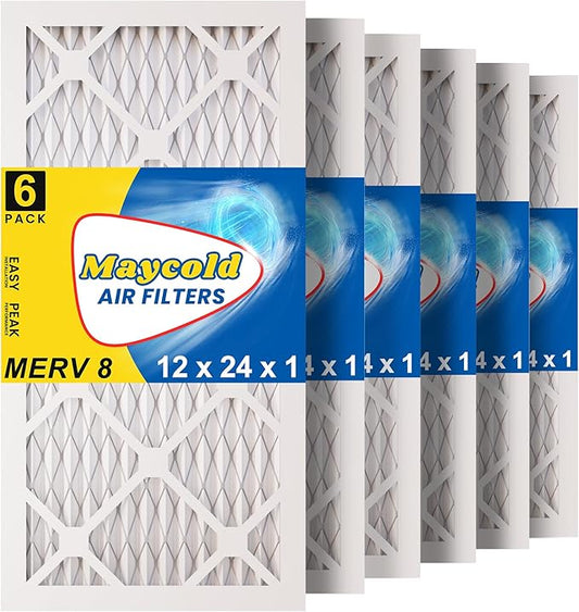 Maycold MERV 8 12x24x1 Furnace Air Filters (6-Pack), Pleated HVAC AC Filters – Actual Size 11.70” x 23.70” x 0.75”, For Residential or Office Use, Individually Wrapped in Plastic