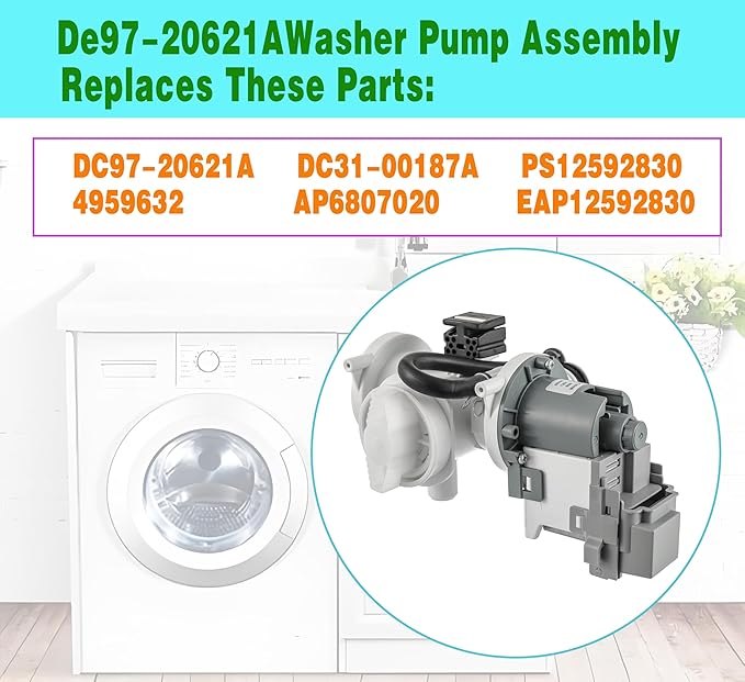 (Upgraded) DC97-20621A Washer Pump Assembly Replace DC31-00187A 4959632 AP6807020 PS12592830 EAP12592830 Fit for Samsung Washing Machine Drain Pump Motor