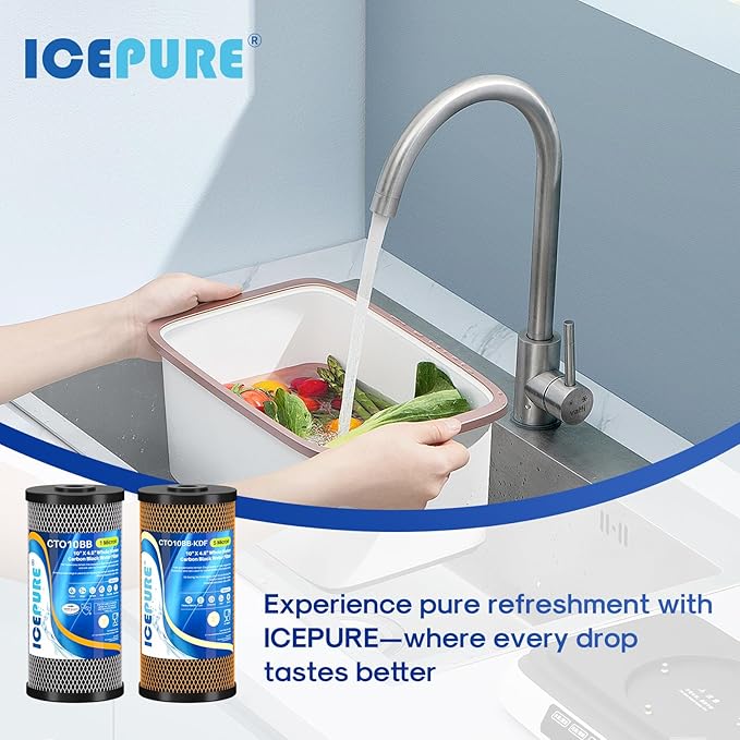 ICEPURE 10" x 4.5" Whole House Sediment Activated Carbon Water Filter Set, 10 Inch CTO Carbon Filter and KDF Heavy Metal Removal Cartridge Replacement for 2-Stage Water Filtration System
