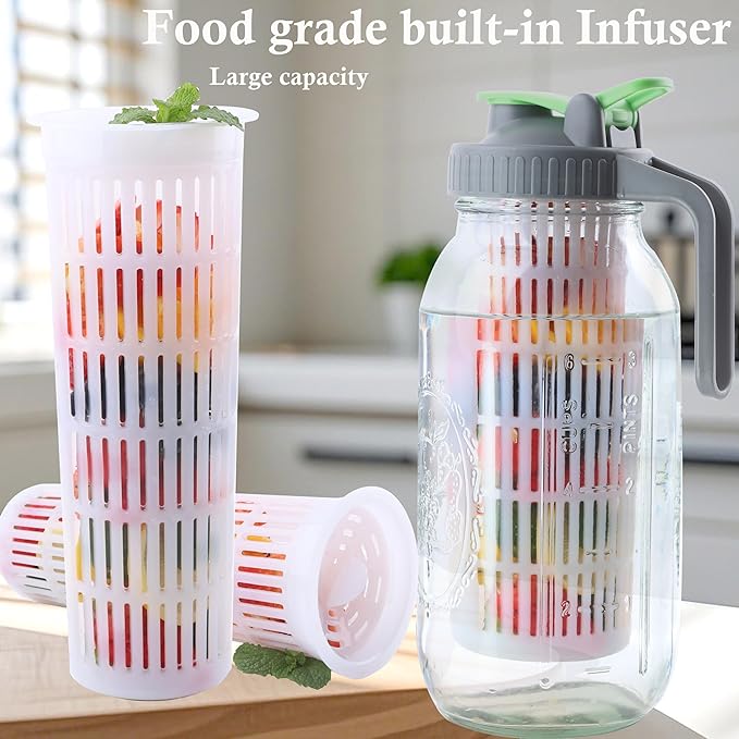 2 Quart Glass Mason Jar Water Pitcher With Fruit Infuser 64 Oz Wide Mouth Infused Cold Hot Water Jug Carafe With Lid Half Gallon For Coffee Sun Tea Lemonade Juice Homemade Drinks Container