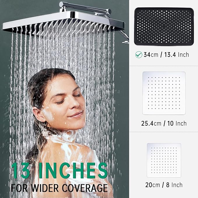 13-Inch Shower Heads with Multi-Function Handheld Sprayer Combo, 3-Way Metal Extended Diverter with Holder and Metal Adjustable Shower Extension Arm, Extra Long Hose(Chrome)