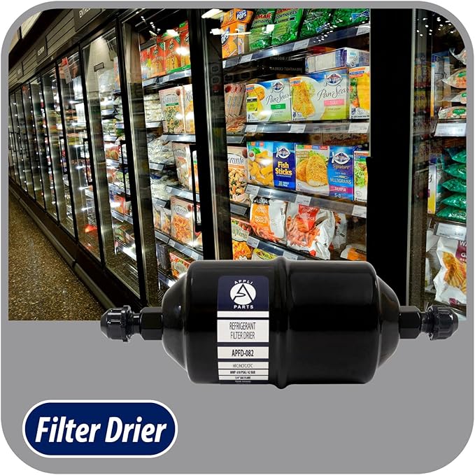 Appli Parts APFD-082 1/4 in Liquid Line Refrigerant AC Filter Drier hvac Refrigeration 082 SAE Flare connection universal unidirectional 6in long 2-1/4 in wide