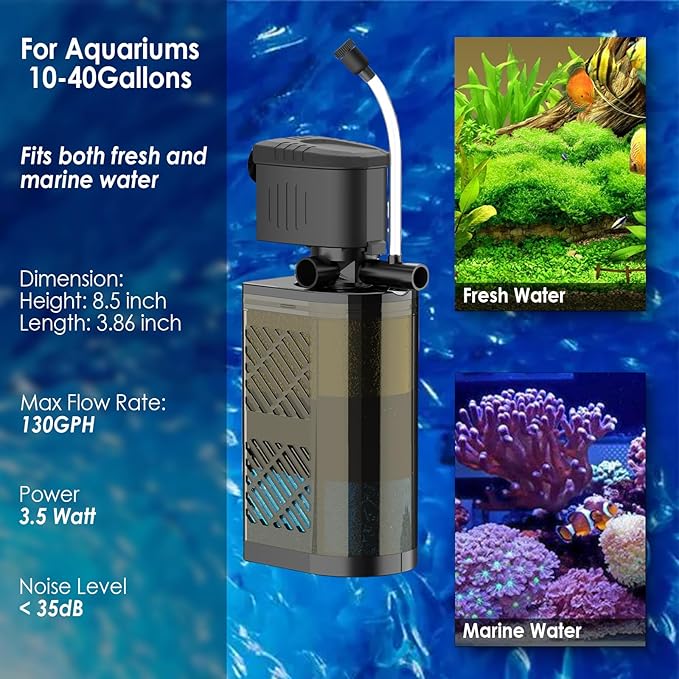 Submersible Aquarium Filter 3-Stage Fish Filter for Fish Tank, Turtle Filter Fish Tank Filter with Aeration & Dual Water Outlet, Turtle Tank Filter Pump for 40-70 GAL Aquariums