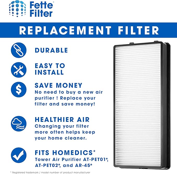 Fette Filter - at-OFL True Hepa Replacement Filter Compatible with HoMedics TotalClean True HEPA Tower Air Purifier Model AT-PET01 AT-PET02 and AR-45 Part Number at-OFL (Pack of 2)