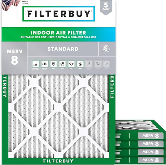 Filterbuy 12x18x1 Air Filter MERV 8 (MPR 700) Dust Defense Replacement (5-Pack), Electrostatic Pleated HVAC AC Furnace Filters, Made in USA (Actual Size: 11.50 x 17.50 x 0.75)