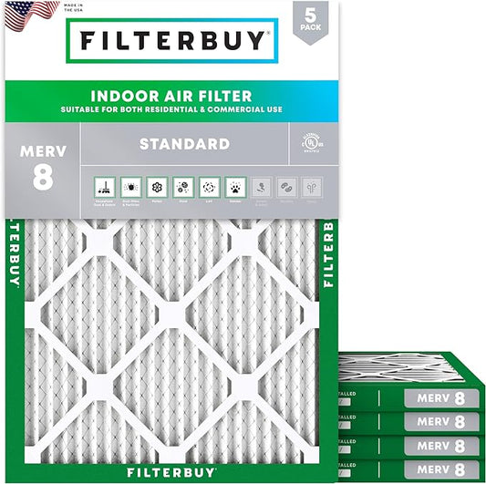 Filterbuy 12x16x1 Air Filter MERV 8 (MPR 700) Dust Defense Replacement (5-Pack), Electrostatic Pleated HVAC AC Furnace Filters, Made in USA (Actual Size: 11.50 x 15.50 x 0.75)
