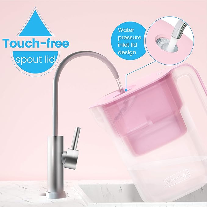 Waterdrop Water Filter Pitcher with 4 Filters, 5X Times Lifetime, Lasts 200 Gallons, for Fridge and Kitchen, Reduces PFOA/PFOS, Chlorine, 7-Cup Capacity, Elfin, Pink
