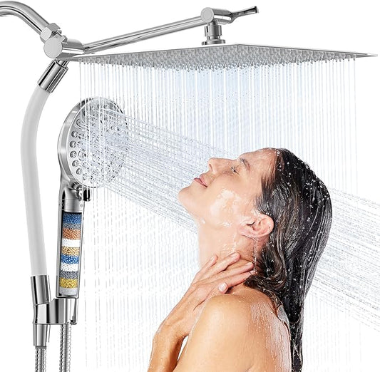 All Metal 3-Way Rain Shower Head,10 Spray High Pressure Showerhead Combo,Shower Filter Head For Hard Water, Adjustable Bar Upgrade Dual Shower Head-Reduces Dry Itchy Skin Chrome