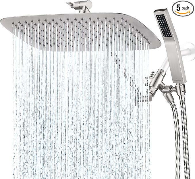 G-Promise All Metal 14 Inch Dual Square Shower Head with Handheld Spray Combo, Rain Shower Head, Adjustable Extension Arm, 3-Way Diverter, 71 Inch Extra Long Hose - A Bathroom Upgrade(Brushed Nickel)