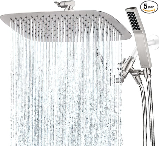 G-Promise All Metal 14 Inch Dual Square Shower Head with Handheld Spray Combo, Rain Shower Head, Adjustable Extension Arm, 3-Way Diverter, 71 Inch Extra Long Hose - A Bathroom Upgrade(Brushed Nickel)