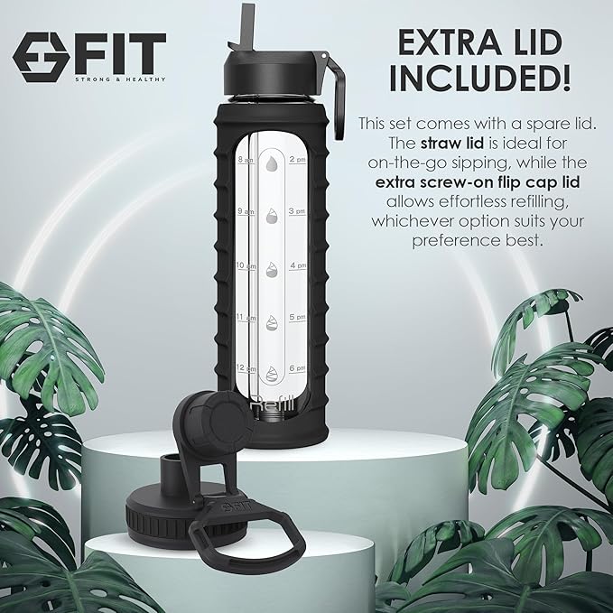FIT Strong & Healthy 32 oz Glass Water Bottle with Straw Lid, Time Marker, Sleeve & Extra Lid - Motivational, Wide Mouth 1 Liter Glass Drinking Bottle