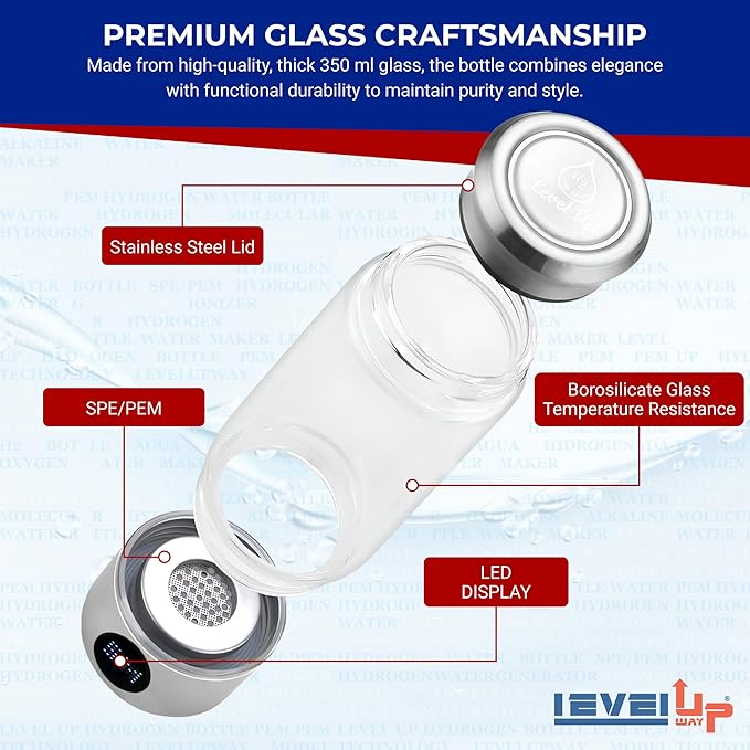 LevelUpWay - Hydrogen Generator Water Bottle SPE PEM Technology Water Ionizer (Classic, Silver - LED)