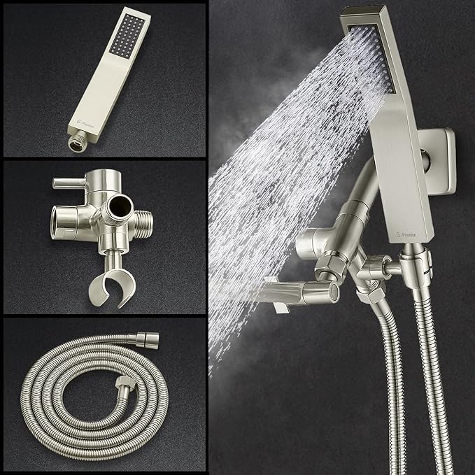 G-Promise All Metal 10" Dual Square Shower Head Combo | Rain Shower Head | Handheld Shower Wand | Adjustable | 3-Way Diverter | 71" Extra Long Hose - A Bathroom Upgrade(Brushed Nickel)