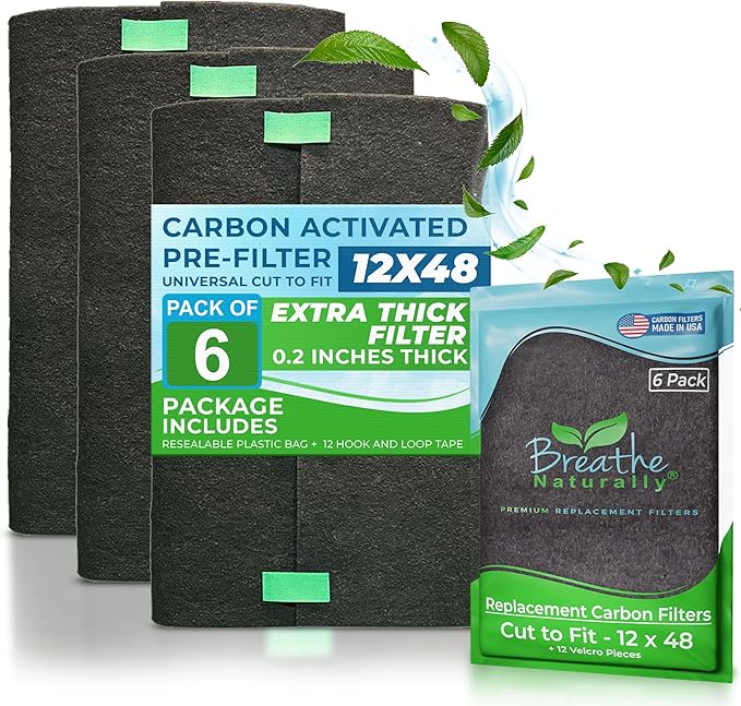 Breathe Naturally Universal 12x48 Cut-to-Fit Activated Carbon Filter (6 Pack) Charcoal Air Filter Sheet for Air Purifiers