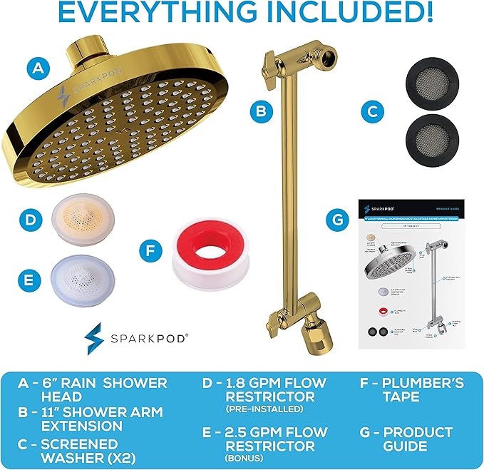 SparkPod Round Rain Shower Head with Extension Arm - Height Adjustable Shower Head with High Pressure Performance - Easy 1-Minute Installation (11" Arm Extension, Egyptian Gold)
