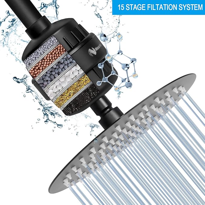 NearMoon High Output 15 Stage Shower Filter - Filtered Shower head softener for Hard Water，Reduces Dry Itchy Skin, Dandruff and Improves the Condition of Your Skin, Hair (Matte Black)