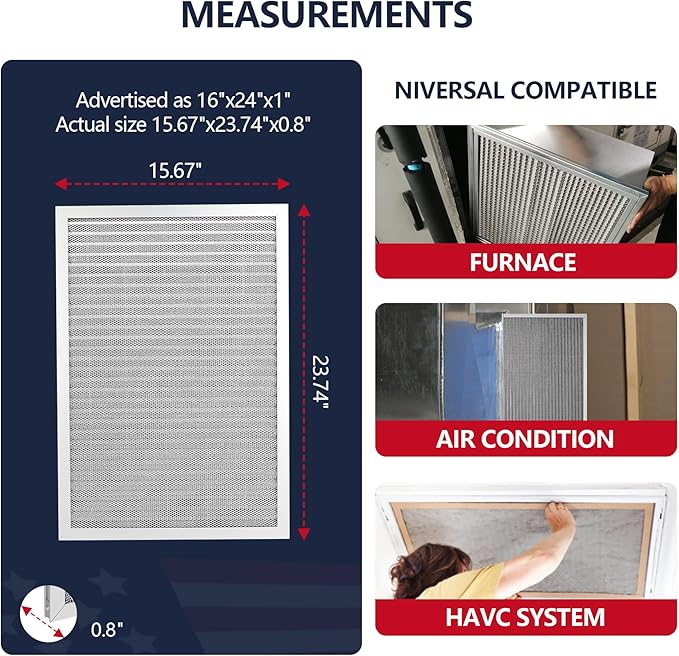 16x24x1 Lifetime Electrostatic Air Filter, MERV 8 Reusable Aluminum AC/HVAC Furnace Filter, Washable Permanent Air Filter, Easy to Clean, Healthier Home/Office (Actual Size:15.75x23.5x0.86)