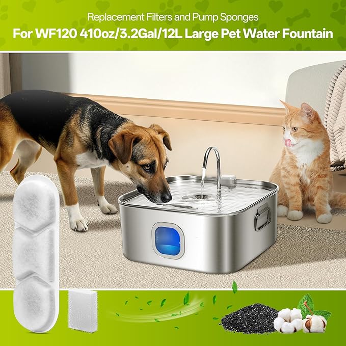 12 Pack Dog Water Fountain Replacement Filters for 410oz/3.2Gal/12L Pet Water Dispenser, ZEKIRY Pet Fountain Filter, 4-Layer Filtration Cat Drinking Bowl Filters and Pump Sponges