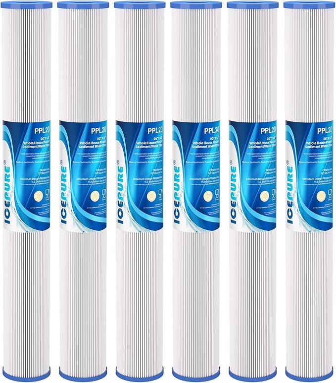 ICEPURE 20 Inch Whole House Pleated Sediment Water Filter Cartridge for Well Water, Replacement for ECP20-20, SPC-25-2020, ECP1-20, ECP5-20, SPC-25-2005, SPC-25-2001, 5 Micron 20" x 2.5", 6PACK