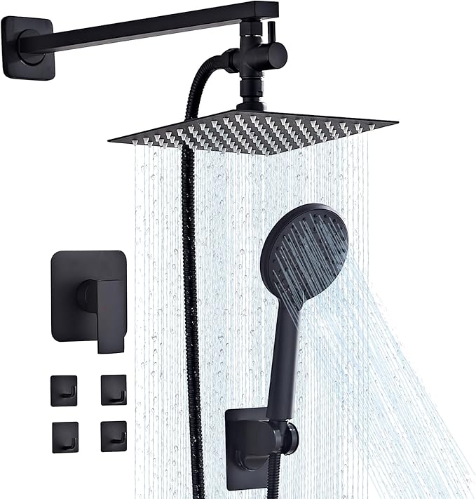 Shower Head Combo Matte Black, 8 Inch Rain Shower Head with Handheld 5 Spray Modes High Pressure Rainfall Shower Heads System, 15 Inch Shower Adjustable Extension Arm