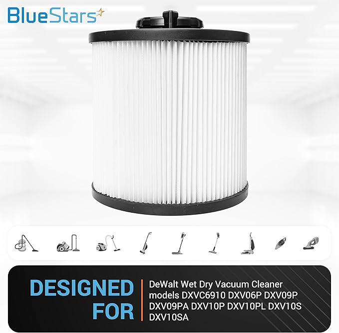 BlueStars Ultra-Durable Replacement DXVC6910 Vacuum Filter for 6 to 16-Gallon DeWalt Wet Dry Vacuum Cleaner DXV06P DXV09P DXV09PA DXV10P DXV10PL DXV10S DXV10SA DXV10SB DXV12P DXV14P - Pack of 2