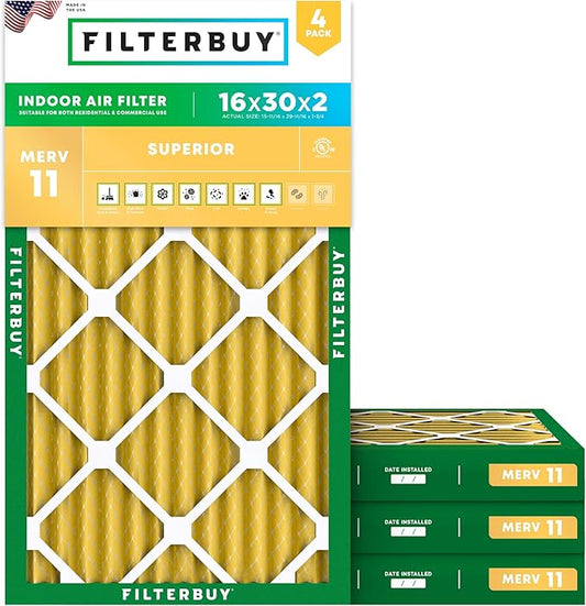 Filterbuy 16x30x2 Air Filter MERV 11 (MPR 1200) Allergen Defense Replacement (4-Pack), Electrostatic Pleated HVAC AC Furnace Filters, Made in USA (Actual Size: 15.69 x 29.69 x 1.75)