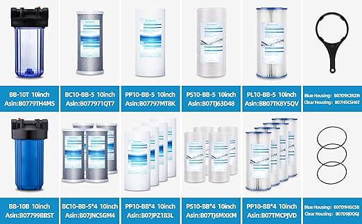 Geekpure 10-Inch Whole House Clear Water Filter Housing with Wrench and Bracket -4.5 x 10 Inch-1" Port-Pack 2