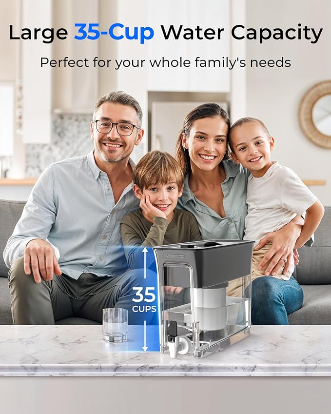 Waterdrop 35-Cup 0 TDS Slim Water Filter Dispenser, Large Capacity, Reduces TDS, Chlorine, PFOA/PFOS and More, BPA Free, Black (with 1 Filter)