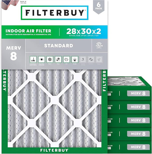 Filterbuy 28x30x2 Air Filter MERV 8 (MPR 700) Dust Defense Replacement (6-Pack), Electrostatic Pleated HVAC AC Furnace Filters, Made in USA (Actual Size: 27.75 x 29.75 x 1.75)