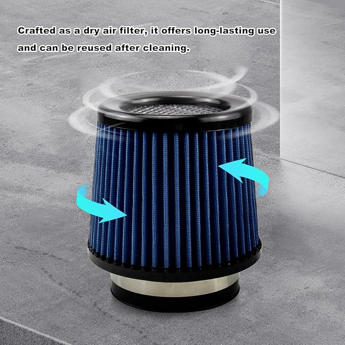 RULLINE 76mm 89mm 102mm Air Filter 3" 3.5" 4" Cold Air Intake Universal Clamp-On Air Filter Three Different Size High Flow Round Tapered Cone Cool Cleaner Blue