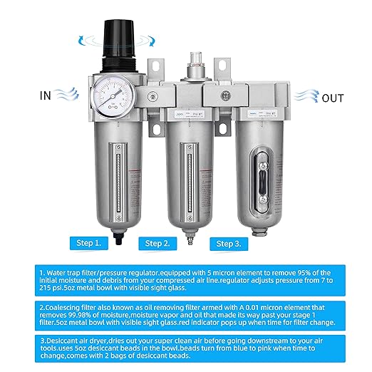 NANPU 1/2" NPT Industrial Grade 3 Stage Air Drying System - Particulate Filter, Coalescing Filter, Desiccant Dryer & Air Regulator, Metal Bowl, Auto Drain, Suitable for Paint Spray＆ Plasma Cutter