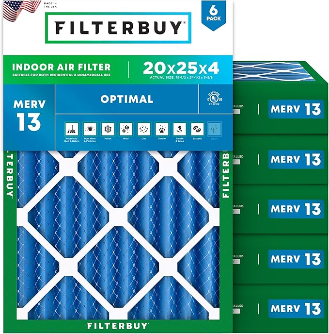 Filterbuy 20x25x4 Air Filter MERV 13 (MPR 1900) Health Defense Replacement (6-Pack), Electrostatic Pleated HVAC AC Furnace Filters, Made in USA (Actual Size: 19.50 x 24.50 x 3.63)