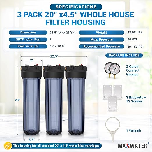 Max Water Whole House 20" x4.5" Purple Clear WH Water Filter Housing 1 inch Inlet/Outlet Ports with Pressure Gauge Wrench and Bracket (3 Housing + 2 Pressure Gauge)