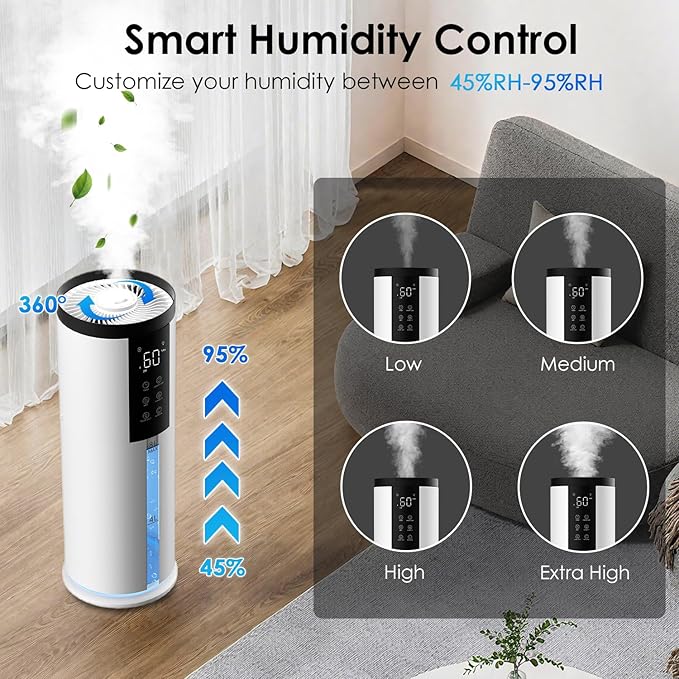 Humidifiers for Bedroom - GloryAir 2.11Gal (8L) Quiet Top Fill Cool Mist Humidifier Large Room 550 ft² 120H Runtime with Humidistat, Auto Mode Diffuser 7-Color Light for Plants Baby Adults Office Home