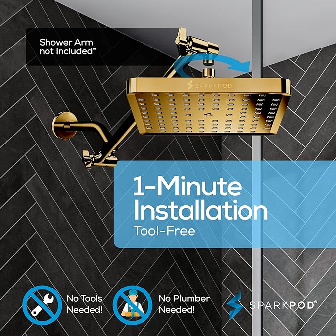 SparkPod Shower Head - High Pressure Rain - Premium Quality Luxury Design - 1-Min Install - Easy Clean Adjustable Replacement for Your Bathroom Shower Heads (Egyptian Gold, 8 Inch Square)