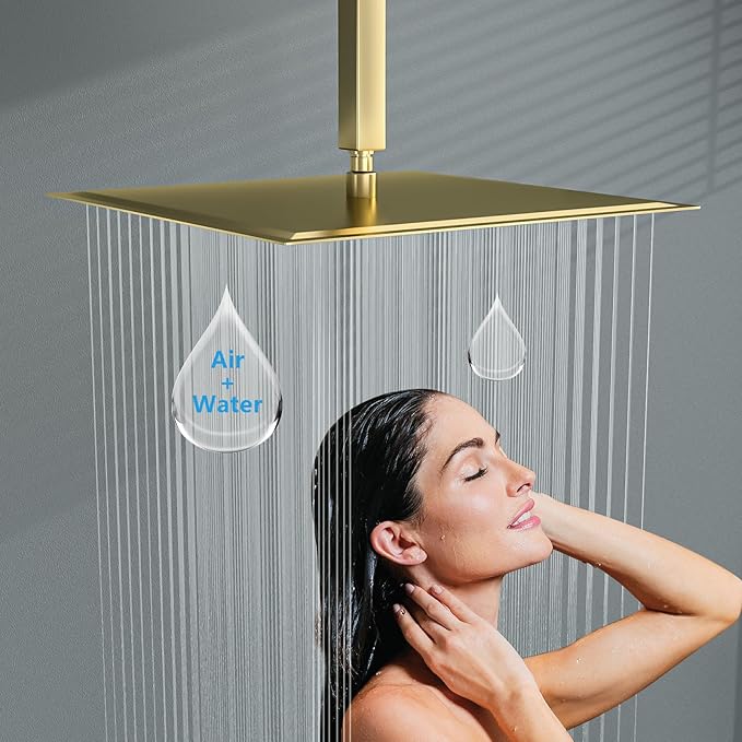 Lordear Gold Rain Shower Head 16 Inch Square Rainfall High Pressure Stainless Steel Rainfall Shower Head 360° Rotation Shower Head Waterfall Showerhead with Silicone Nozzle