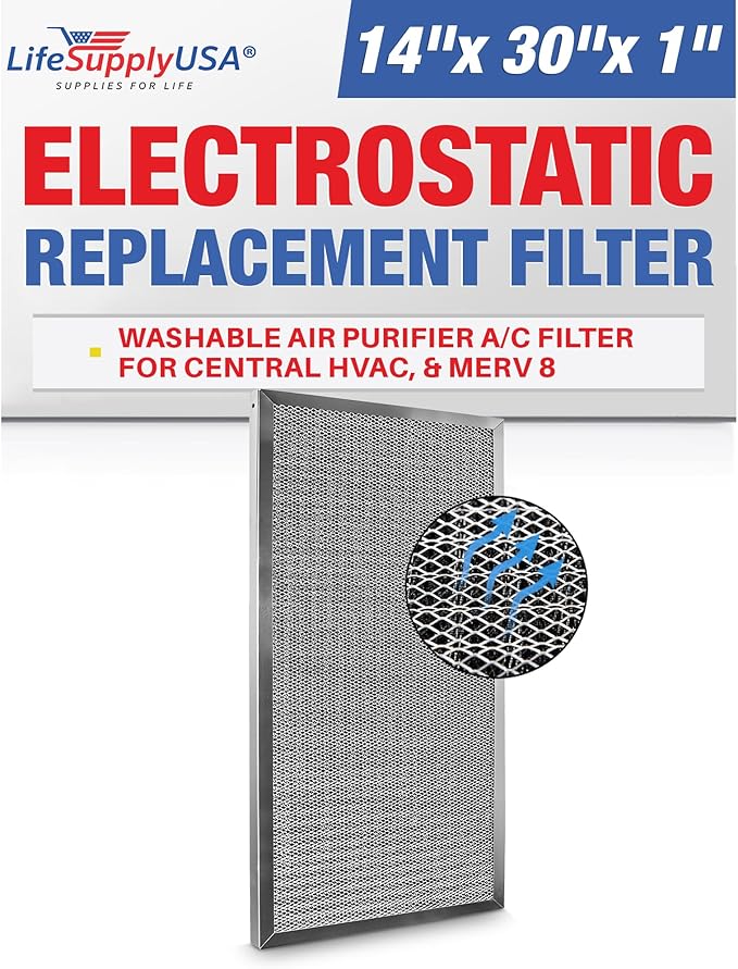 14x30x1 Electrostatic Air Filter, MERV 8, Washable, Reusable Furnace AC/HVAC Filter, Energy Saving, Easy to Clean, Long-Lasting by LifeSupplyUSA