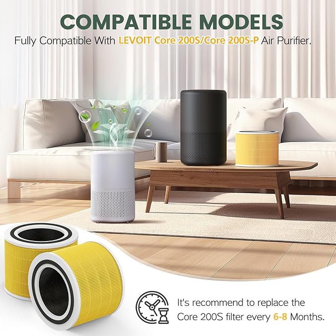 2 Pack Core 200S Replacement Filter Compatible with LEVOIT Core 200S/ Core 200S-P Air Purifier, 3-in-1 Activated Carbon HEPA Pet Care Filter, Yellow