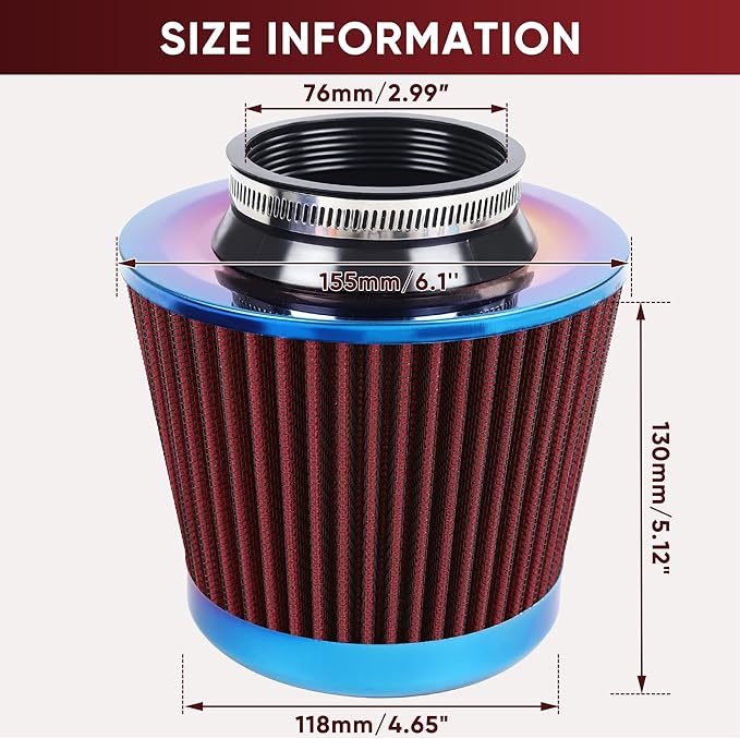 Universal Cold Air Intake Filter Clamp-On Replacement Air Filter Flange Diameter 3 inches/76mm High Performance Washable Filter Red