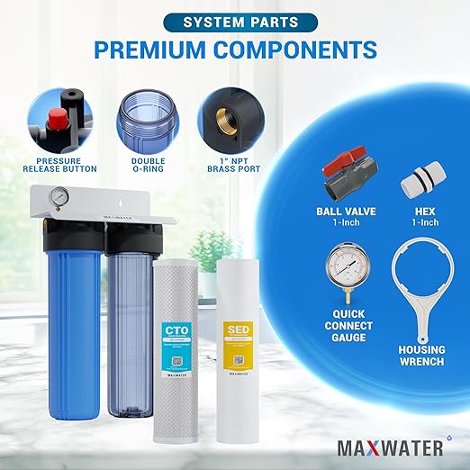 20" Dual Clear & Blue Whole House Water Filter 1" w/Pressure Gauge, Double O Ring Filter Housing, 20"x4.5" 5-Micron Sediment, CTO Carbon Water Filters