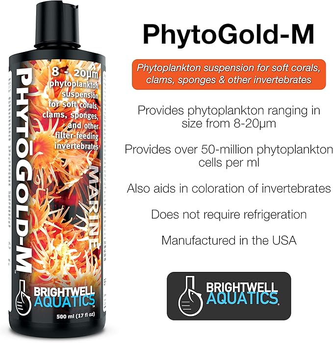 Brightwell Aquatics PhytoGold M - Phytoplankton Suspension for Soft Corals, Clams, Sponges & Their Allies, 2 Liter